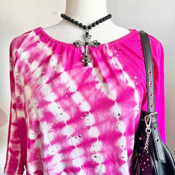 Y2K Pink Rhinestone Top, Coquette,‎ Festival, Vintage, Maximalist, Medium - Picture 2 of 3